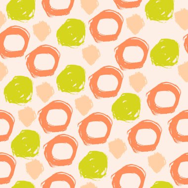 Grunge kusursuz bir desen çizmiş. El çizimleri, dağınık coğrafi şekiller, baloncuklar, fırça darbeleri, noktalar, daireler, halkalar ile soyut renkli konfeti arka planı. Çirkin sanatsal doku. Vektör illüstrasyonu.