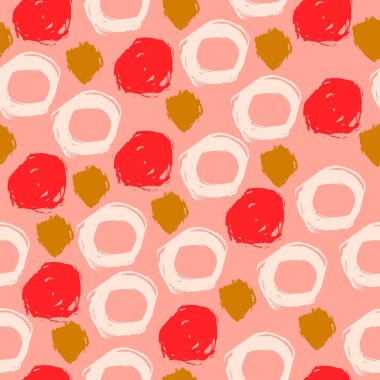 Şirin pembe, altın, kırmızı, beyaz, pürüzsüz desen. El çizimi grunge ile soyut arka plan rastgele fırça darbeleri, noktalar, daireler, halkalar. Kirli baloncuklar. Noktalı doku. Vektör illüstrasyonu.