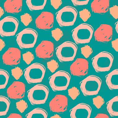 Daireleri olan yeşil, sanatsal, kusursuz bir desen. El çizimi grunge rasgele fırça darbeleri, noktalar, daireler, halkalar ile soyut renkli arka plan. Kirli baloncuklar. Noktalı doku. Vektör illüstrasyonu.