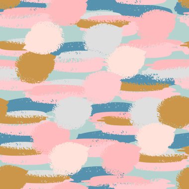 Soyut el fırçası darbeleri ve boya sıçramaları, yatay çizgiler, daireler, geometrik şekiller ile renksiz grunge deseni. Dağınık sonsuzluk dokusu, pis bir arka plan. Vektör.