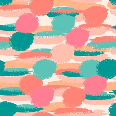 Soyut el fırçası darbeleri ve boya sıçramaları, yatay çizgiler, daireler, geometrik şekiller ile renksiz grunge deseni. Dağınık sonsuzluk dokusu, pis bir arka plan. Vektör.