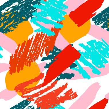 Elle çizilmiş fırça darbeleri, daireler, halkalar ve boya sıçramaları, çizgiler, geometrik şekiller ile renkli geometrik grunge deseni. Dağınık bir yapısı, kirli bir geçmişi var. Vektör.
