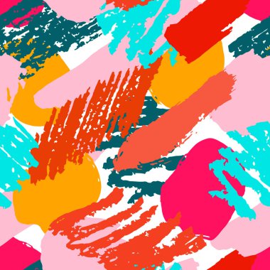 Elle çizilmiş fırça darbeleri, daireler, halkalar ve boya sıçramaları, çizgiler, geometrik şekiller ile renkli geometrik grunge deseni. Dağınık bir yapısı, kirli bir geçmişi var. Vektör.