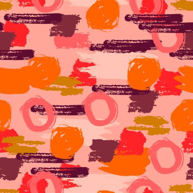 Soyut el fırçası darbeleri, boya sıçramaları, çizgiler, daireler, geometrik şekiller... Dağınık sonsuzluk dokusu, modern pasaklı arka plan. Vektör illüstrasyonu.