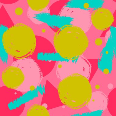 Üçgen, daire, çizgiler, çizgiler, soyut el fırça darbeleri ve boya sıçramalarıyla renksiz grunge deseni. Sonsuz doku, modern pasaklı arka plan. Vektör illüstrasyonu.