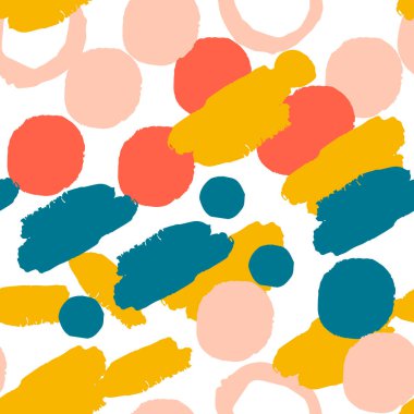 Renkli, sevimli geometrik benekli, el fırçası darbeleri, daireler, yüzükler ve boya sıçramaları, çizgiler, geometrik şekiller olan pürüzsüz bir şekil. Dağınık bir yapısı, kirli bir geçmişi var. Vektör.