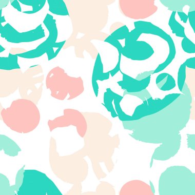 El fırçası darbeleri, daireler, halkalar, yüzükler ve boya sıçramaları, çizgiler, geometrik şekiller ile nane grunge geometrik dikişsiz desen. Dağınık bir yapısı, kirli bir geçmişi var. Vektör.