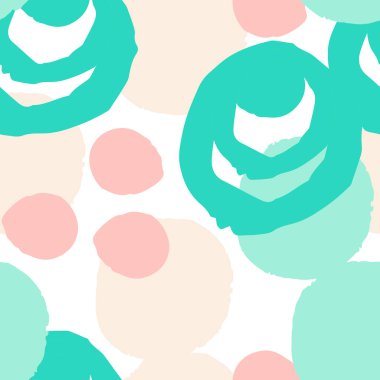 El fırçası darbeleri, daireler, halkalar, yüzükler ve boya sıçramaları, çizgiler, geometrik şekiller ile nane grunge geometrik dikişsiz desen. Dağınık bir yapısı, kirli bir geçmişi var. Vektör.