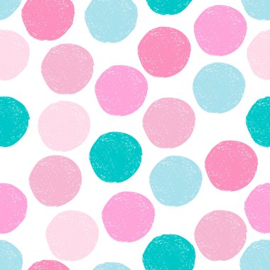 Pembe, mavi, turkuaz rastgele grunge yuvarlak şekiller, pürüzsüz desenler. Beyaz arka planda renkli çizim çemberi. Soyut polka noktasız duvar kağıdı. Vektör illüstrasyonu. 