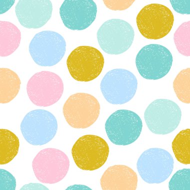 Renkli şirin sarı, pembe, mavi grunge puantiyeli, pürüzsüz desen. Beyaz arka planda çizim çemberi. Soyut geometrik dikişsiz duvar kağıdı. Vektör illüstrasyonu. 