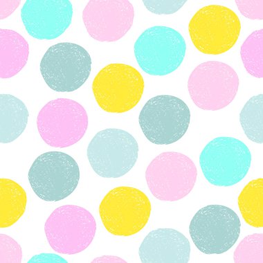 Renkli şirin sarı, pembe, mavi, gri rastgele grunge puantiyeli, pürüzsüz desen. Beyaz arka planda çizim çemberi. Soyut yuvarlak, dikişsiz duvar kağıdı. Vektör illüstrasyonu. 