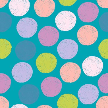 Renkli grunge puantiyeli arka plan. Çizim menekşeli, pembe, mor, yeşil, mavi desenli daireli sonsuzluk duvar kâğıdı. Soyut yuvarlak, pürüzsüz desen. Vektör illüstrasyonu. 