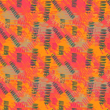 Renkli sarı, pembe, turuncu, yeşil, pürüzsüz, soyut el fırça darbeleri ve boya lekeleri. Dağınık sonsuzluk dokusu, modern pasaklı arka plan. Vektör illüstrasyonu. 