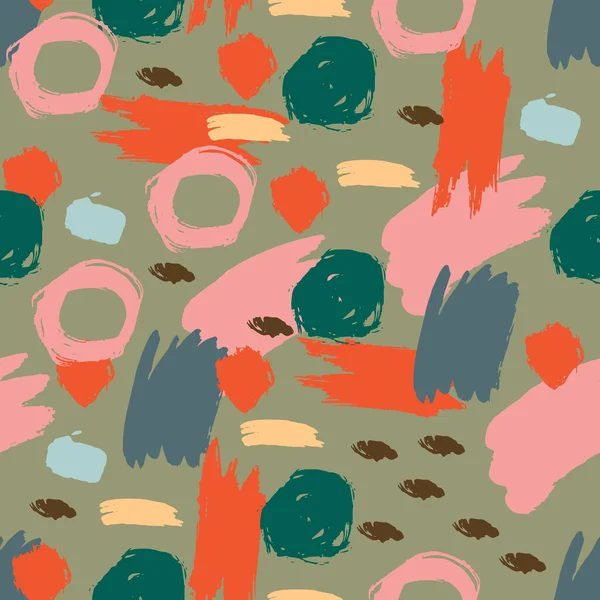 El fırçası darbeleri, daireler, yüzükler ve boya sıçramaları, çizgiler, geometrik şekiller ile renklendirilmiş güzel geometrik gren deseni. Dağınık bir yapısı, kirli bir geçmişi var. Vektör. 