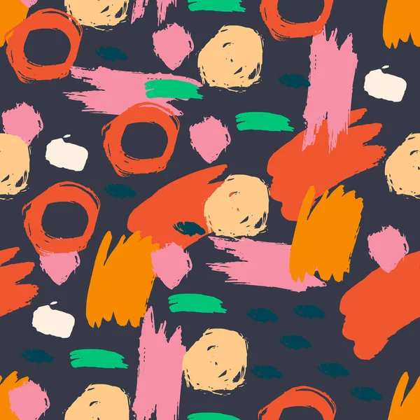 El fırçası darbeleri, daireler, yüzükler ve boya sıçramaları, çizgiler, geometrik şekiller ile renklendirilmiş güzel geometrik gren deseni. Dağınık bir yapısı, kirli bir geçmişi var. Vektör. 