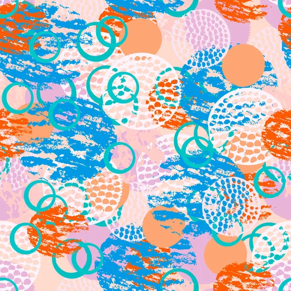 Mavi, pembe, turuncu, beyaz grunge soyut, dairesel, yüzüklü, farklı fırça darbeleri ve şekilli. Sonsuzluk desenli çember arka planı. Vektör illüstrasyonu.