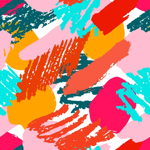 Elle çizilmiş fırça darbeleri, daireler, halkalar ve boya sıçramaları, çizgiler, geometrik şekiller ile renkli geometrik grunge deseni. Dağınık bir yapısı, kirli bir geçmişi var. Vektör.