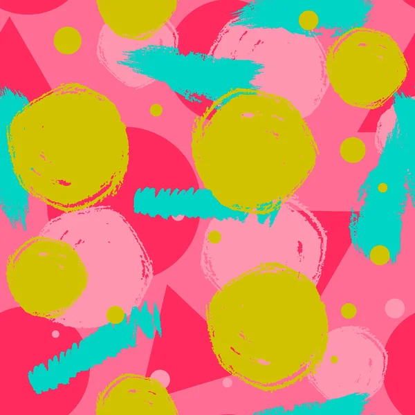 Üçgen, daire, çizgiler, çizgiler, soyut el fırça darbeleri ve boya sıçramalarıyla renksiz grunge deseni. Sonsuz doku, modern pasaklı arka plan. Vektör illüstrasyonu.
