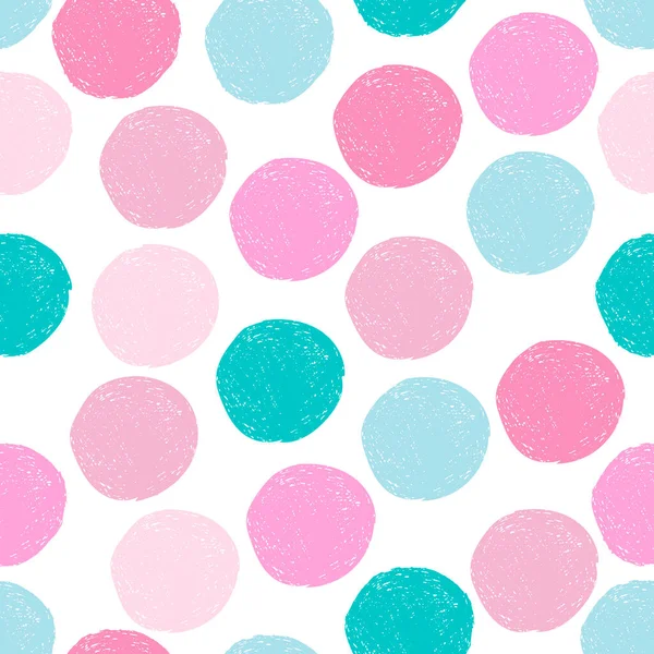 Pembe, mavi, turkuaz rastgele grunge yuvarlak şekiller, pürüzsüz desenler. Beyaz arka planda renkli çizim çemberi. Soyut polka noktasız duvar kağıdı. Vektör illüstrasyonu. 