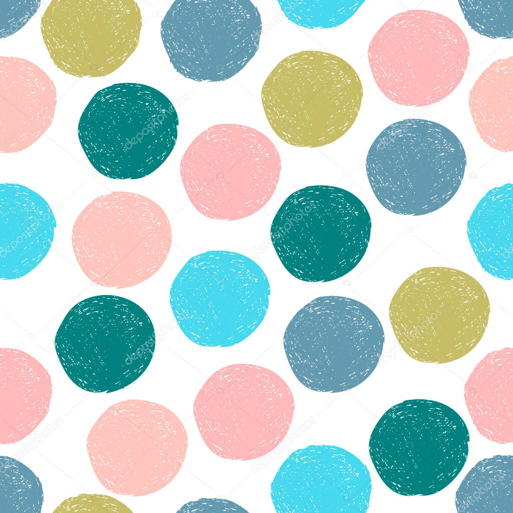 Colorful cute blue, green, pink, blue, gray random grunge polka dot seamless pattern. Sketch circle on white background. Abstract round seamless wallpaper. Vector illustration. 