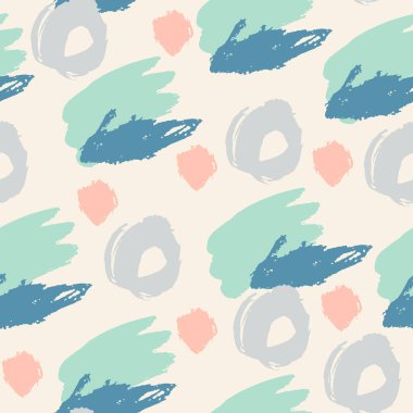 Grunge kusursuz desen. El çizimi grunge rasgele fırça darbeleri, noktalar, daireler, halkalar ile soyut renkli arka plan. Kirli baloncuklar. Noktalı doku. Vektör illüstrasyonu.