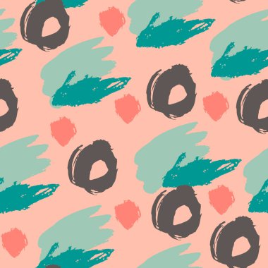 Grunge kusursuz desen. El çizimi grunge rasgele fırça darbeleri, noktalar, daireler, halkalar ile soyut renkli arka plan. Kirli baloncuklar. Noktalı doku. Vektör illüstrasyonu.