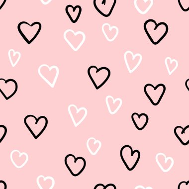Karalama kalp soyut pastel dikişsiz desen. Pembe romantik bir geçmişi var. Vektör illüstrasyonu.  