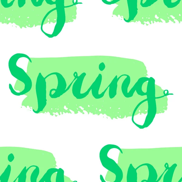 手描きの要素と白の春のシームレスなパターンで緑 ブラシストロークテンプレート上の単語春のレタリング グランジテクスチャ 包装紙 ベクターイラスト — ストックベクタ