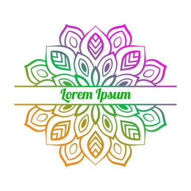 Ortasında boş alan olan renkli bir çiçek kartı var. Dekoratif mandala ile davetiye şablonu. Lotus çiçeği kartı, poster, broşür. Vektör illüstrasyonu. 