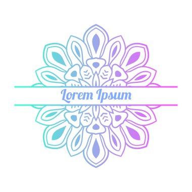 Ortasında boş alan olan renkli bir çiçek kartı var. Dekoratif mandala ile davetiye şablonu. Lotus çiçeği kartı, poster, broşür. Vektör illüstrasyonu. 