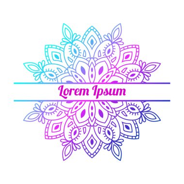 Ortasında boş alan olan renkli bir çiçek kartı var. Dekoratif mandala ile davetiye şablonu. Lotus çiçeği kartı, poster, broşür. Vektör illüstrasyonu. 