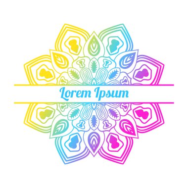 Ortasında boş alan olan renkli bir çiçek kartı var. Dekoratif mandala ile davetiye şablonu. Lotus çiçeği kartı, poster, broşür. Vektör illüstrasyonu. 