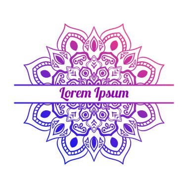 Ortasında boş alan olan renkli bir çiçek kartı var. Dekoratif mandala ile davetiye şablonu. Lotus çiçeği kartı, poster, broşür. Vektör illüstrasyonu. 