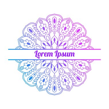 Ortasında boş alan olan renkli bir çiçek kartı var. Dekoratif mandala ile davetiye şablonu. Lotus çiçeği kartı, poster, broşür. Vektör illüstrasyonu. 