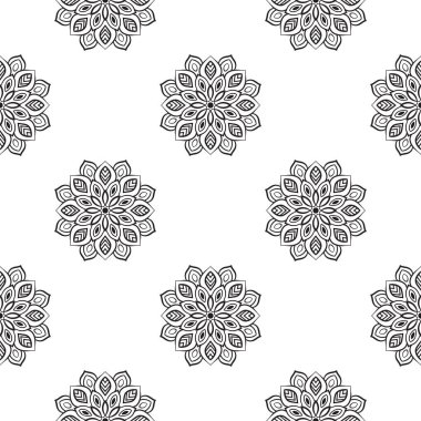 Süslü mandala ile kusursuz bir şablon. Soyut yuvarlak karalama çiçek arkaplanı. Çiçekli geometrik çember. Vektör illüstrasyonu.  