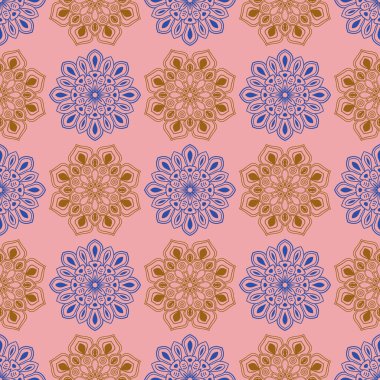 Süslü mandala ile kusursuz bir şablon. Soyut yuvarlak karalama çiçek arkaplanı. Çiçekli geometrik çember. Vektör illüstrasyonu.  