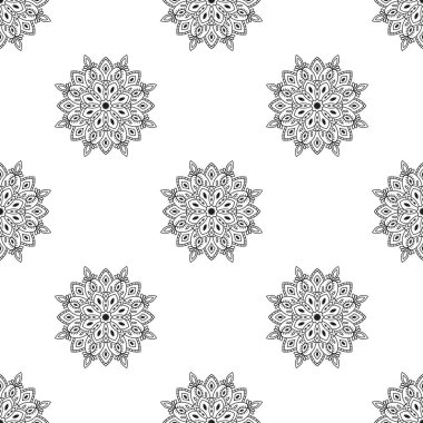 Süslü mandala ile kusursuz bir şablon. Soyut yuvarlak karalama çiçek arkaplanı. Çiçekli geometrik çember. Vektör illüstrasyonu.  