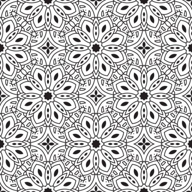 Dekoratif mandala ile kusursuz bir şablon. Soyut yuvarlak karalama çiçek arkaplanı. Çiçek geometrik sonsuzluk arka planı. Ambalaj kağıdı, tekstil, kumaş. Vektör illüstrasyonu. 