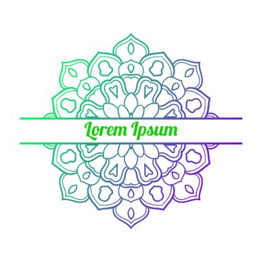 Ortasında boş alan olan renkli bir çiçek kartı var. Dekoratif mandala ile davetiye şablonu. Lotus çiçeği kartı, poster, broşür. Vektör illüstrasyonu. 