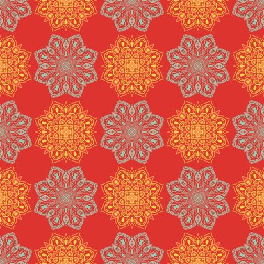 Süslü mandala ile kusursuz bir şablon. Soyut yuvarlak karalama çiçek arkaplanı. Çiçekli geometrik çember. Vektör illüstrasyonu.  