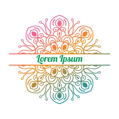 Ortasında boş alan olan renkli bir çiçek kartı var. Dekoratif mandala ile davetiye şablonu. Lotus çiçeği kartı, poster, broşür. Vektör illüstrasyonu. 