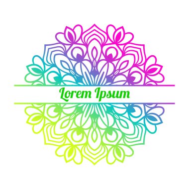 Ortasında boş alan olan renkli bir çiçek kartı var. Dekoratif mandala ile davetiye şablonu. Lotus çiçeği kartı, poster, broşür. Vektör illüstrasyonu. 