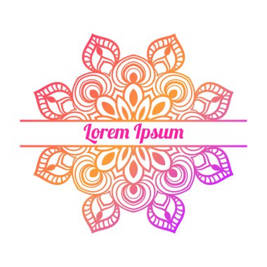 Ortasında boş alan olan renkli bir çiçek kartı var. Dekoratif mandala ile davetiye şablonu. Lotus çiçeği kartı, poster, broşür. Vektör illüstrasyonu. 