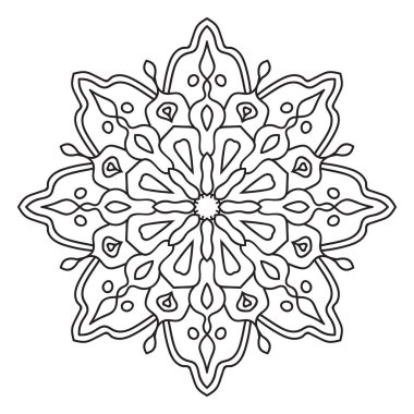 Siyah çizgili çiçek mandala. Beyaz arkaplanda izole edilmiş boyama kitabı için karalama yuvarlak dekoratif öğe. Çiçekli geometrik çember. Vektör illüstrasyonu.