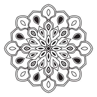 Siyah çizgili çiçek mandala. Beyaz arkaplanda izole edilmiş boyama kitabı için karalama yuvarlak dekoratif öğe. Çiçekli geometrik çember. Vektör illüstrasyonu.