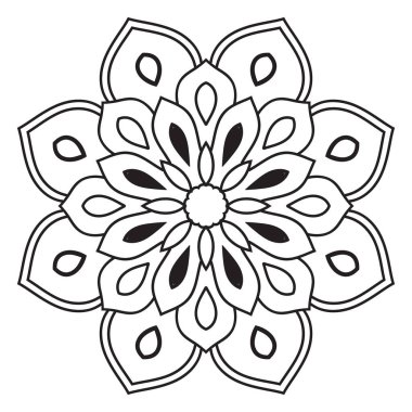 Siyah çizgili çiçek mandala. Beyaz arkaplanda izole edilmiş boyama kitabı için karalama yuvarlak dekoratif öğe. Çiçekli geometrik çember. Vektör illüstrasyonu.