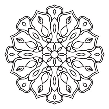 Siyah çizgili çiçek mandala. Beyaz arkaplanda izole edilmiş boyama kitabı için karalama yuvarlak dekoratif öğe. Çiçekli geometrik çember. Vektör illüstrasyonu.