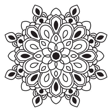 Siyah çizgili çiçek mandala. Beyaz arkaplanda izole edilmiş boyama kitabı için karalama yuvarlak dekoratif öğe. Çiçekli geometrik çember. Vektör illüstrasyonu.