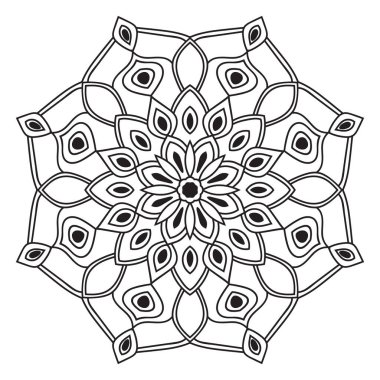 Siyah çizgili çiçek mandala. Beyaz arkaplanda izole edilmiş boyama kitabı için karalama yuvarlak dekoratif öğe. Çiçekli geometrik çember. Vektör illüstrasyonu.