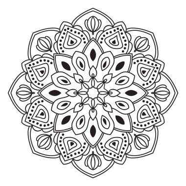 Siyah çizgili çiçek mandala. Beyaz arkaplanda izole edilmiş boyama kitabı için karalama yuvarlak dekoratif öğe. Çiçekli geometrik çember. Vektör illüstrasyonu.